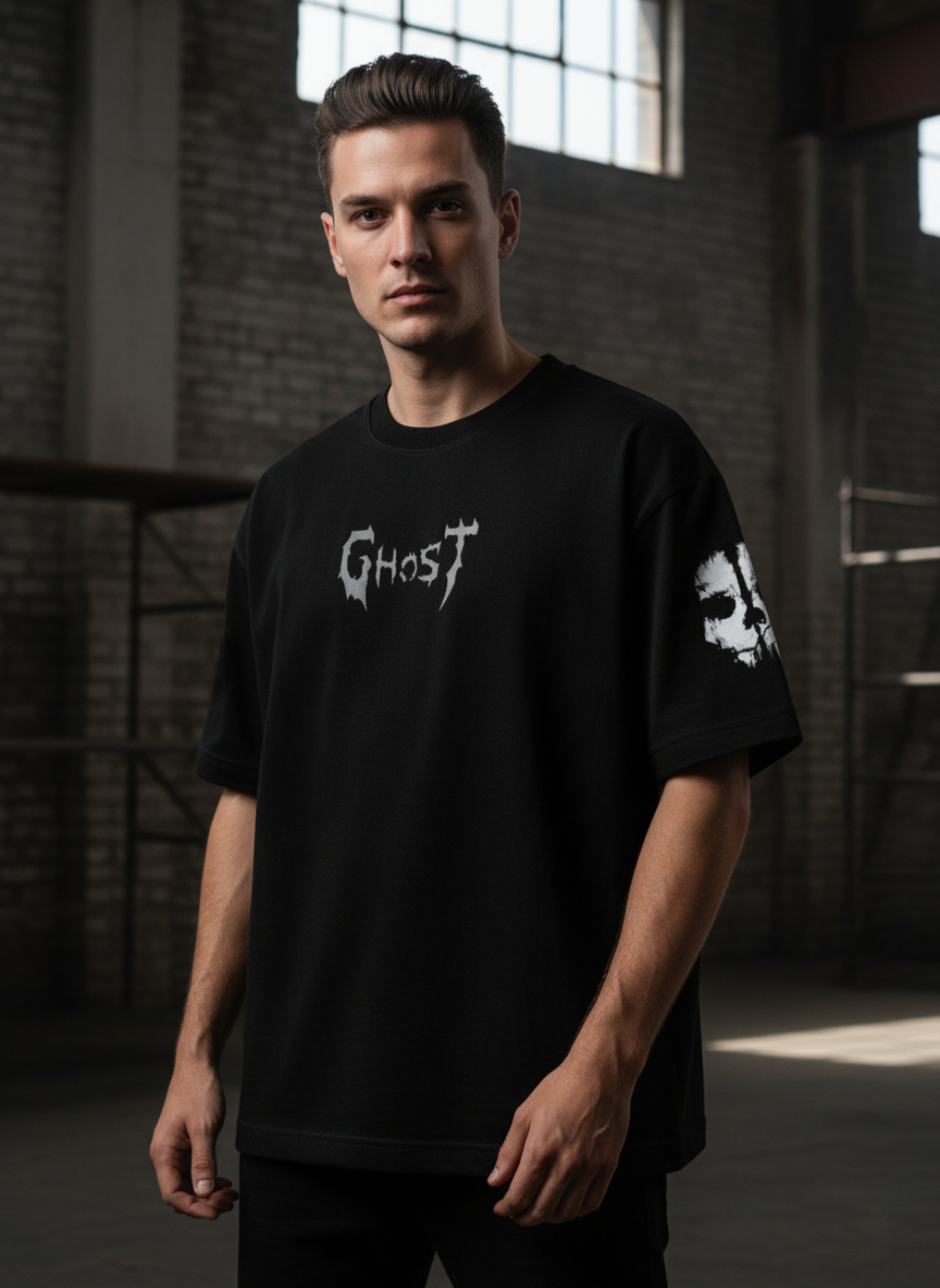 Premium Oversized Ghost T-Shirt | Call of Duty Operator Skull Graphic | Black Heavyweight Cotton