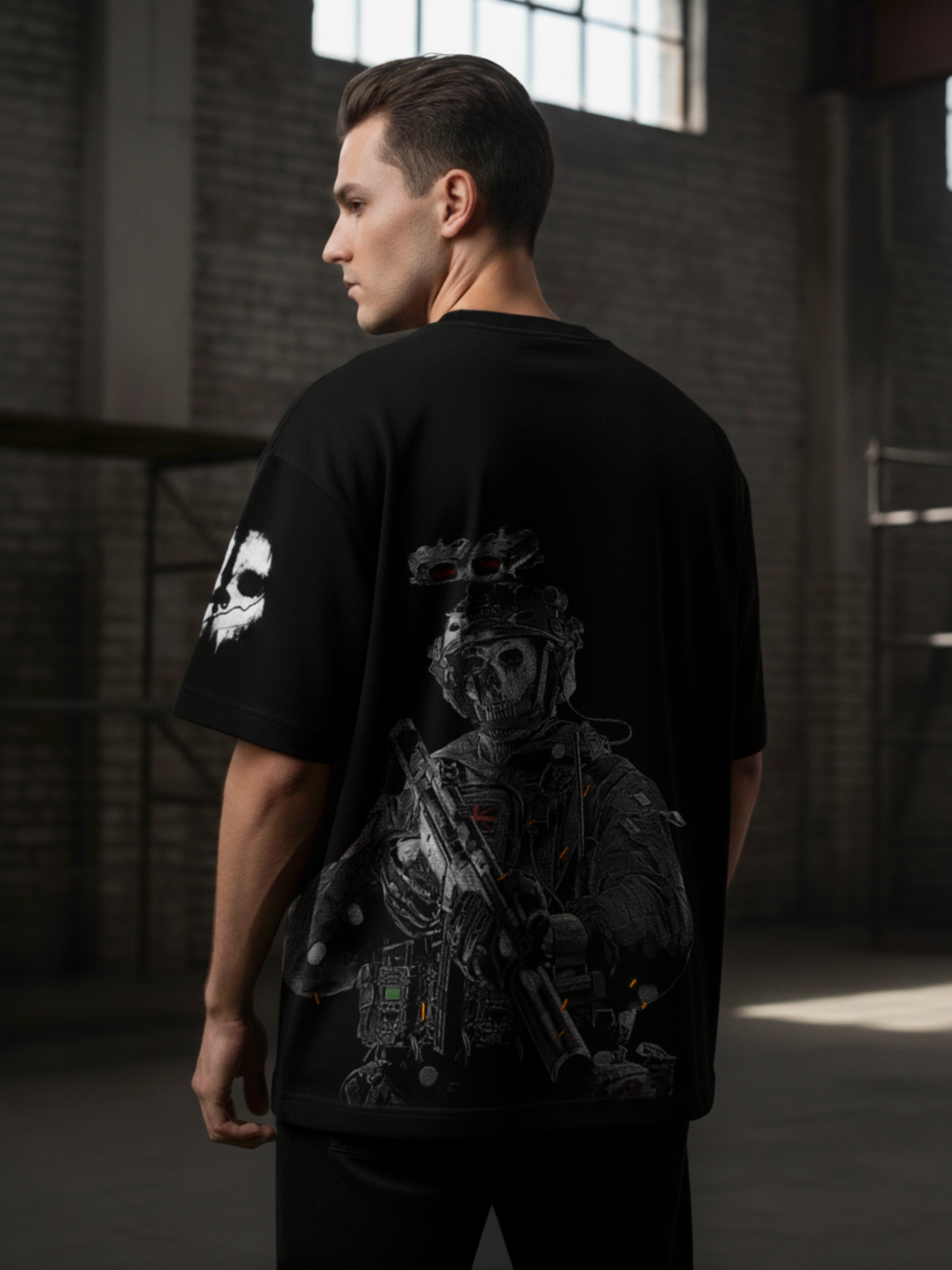 Premium Oversized Ghost T-Shirt | Call of Duty Operator Skull Graphic | Black Heavyweight Cotton