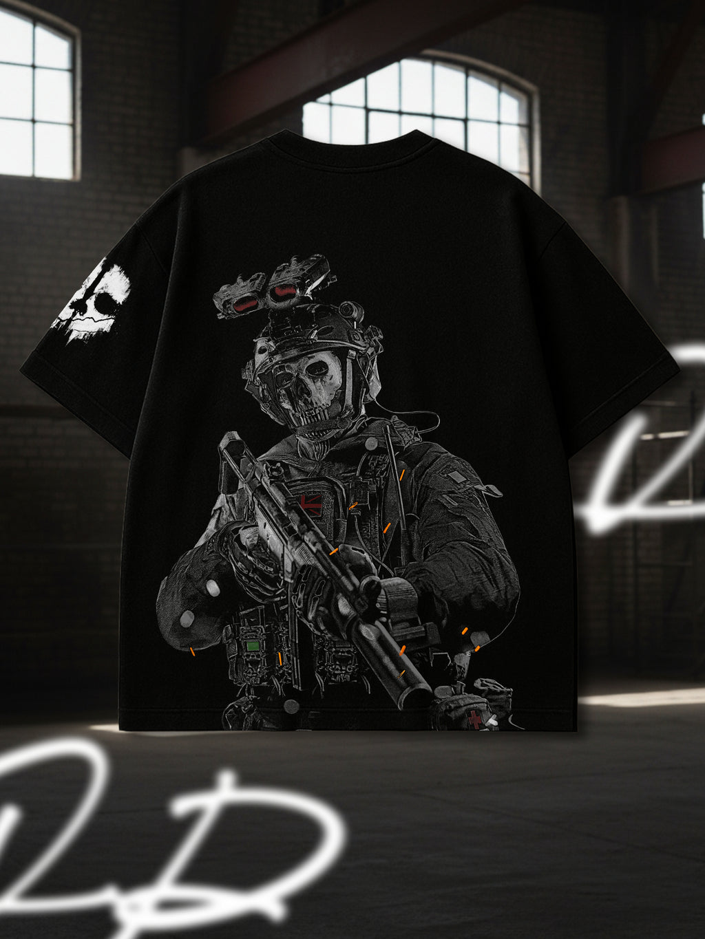 Premium Oversized Ghost T-Shirt | Call of Duty Operator Skull Graphic | Black Heavyweight Cotton
