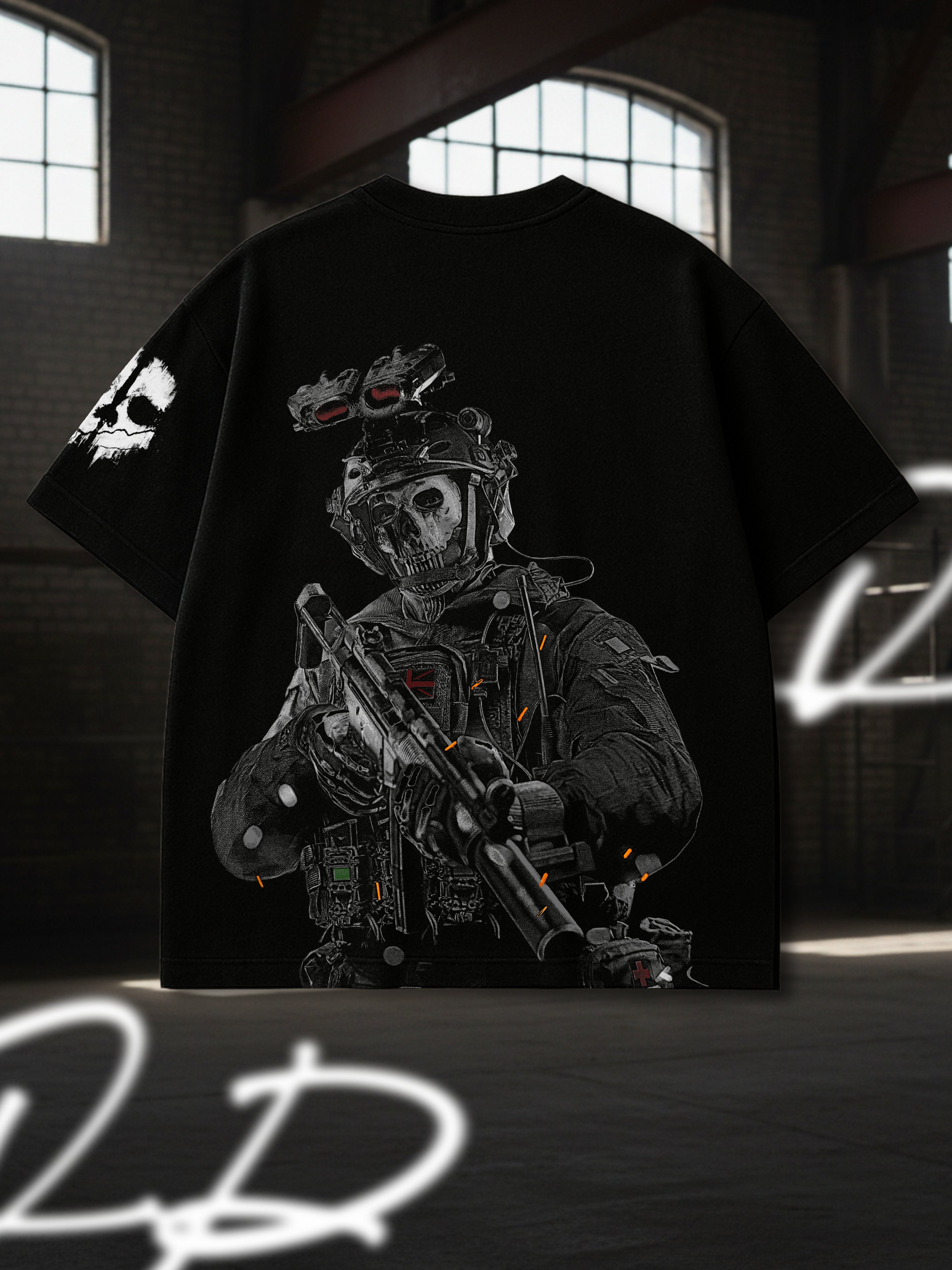 Premium Oversized Ghost T-Shirt | Call of Duty Operator Skull Graphic | Black Heavyweight Cotton