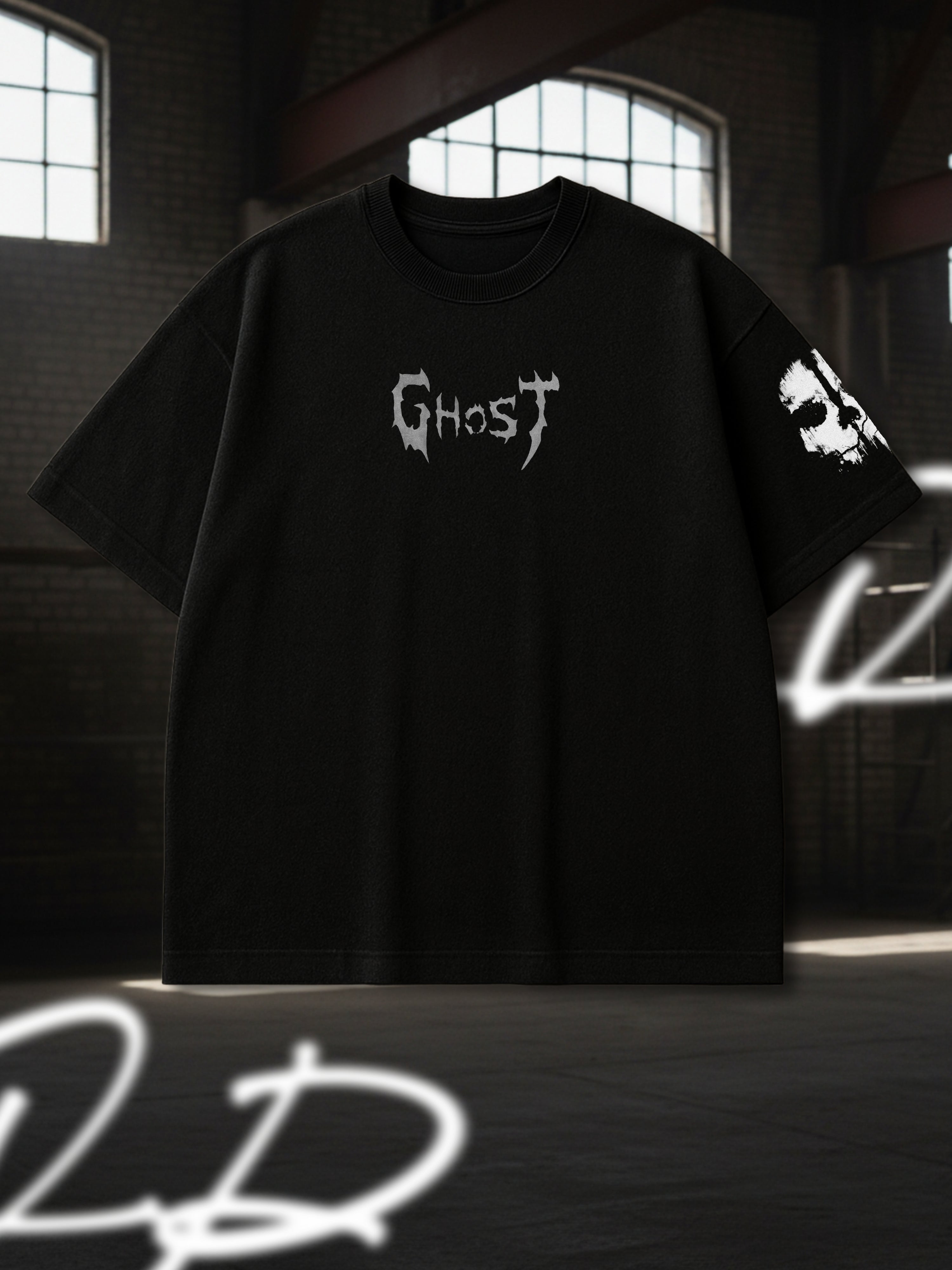 Premium Oversized Ghost T-Shirt | Call of Duty Operator Skull Graphic | Black Heavyweight Cotton